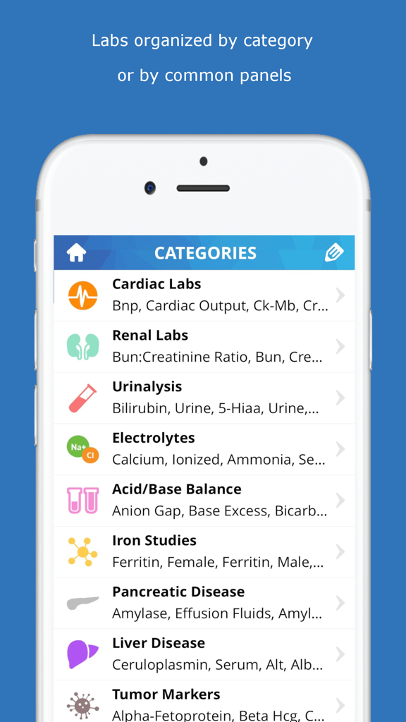 Lab Values Medical Reference - Tela do aplicativo Valores de Laboratório Referência Médica exibindo categorias de testes de laboratório, incluindo cardíacos, renais e urinálise