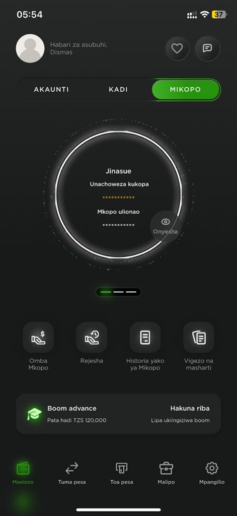 CRDB BANK SIMBANKING DRC - Loan management interface of the CRDB SimBanking DRC app in dark mode.