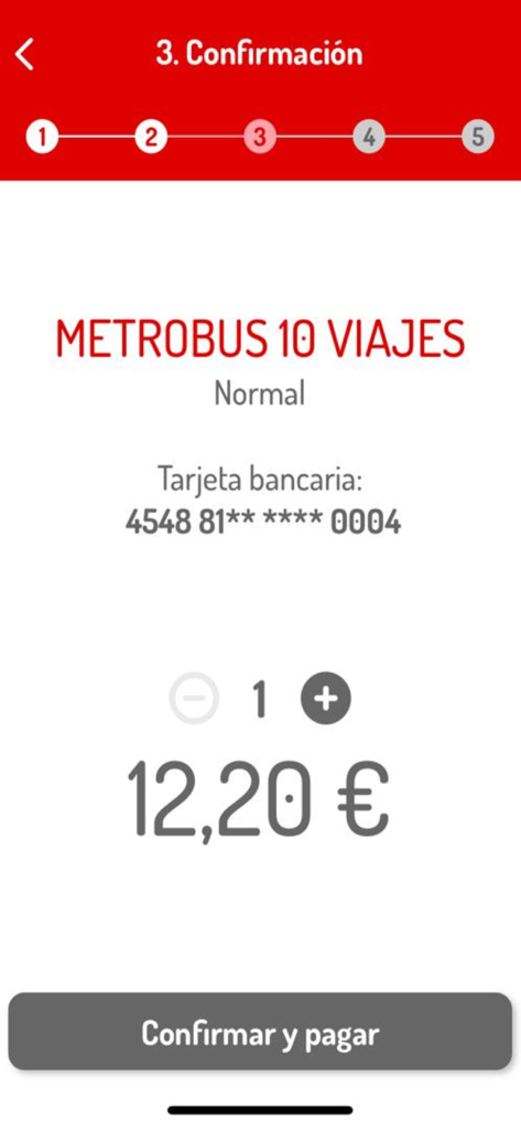 Purchase confirmation screen for a 10-trip Metrobus ticket in the Madrid Tarjeta Transporte app
