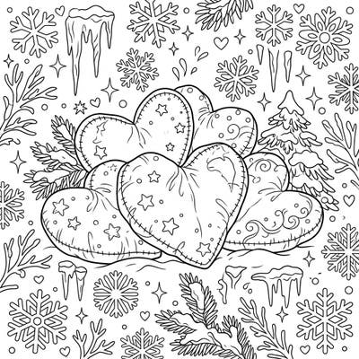 Discover warmth in the chill with this delightful coloring page featuring soft plush hearts amidst a snowy winter wonderland. Perfect for a cozy creative escape, it invites you to fill each intricate detail with your favorite hues.