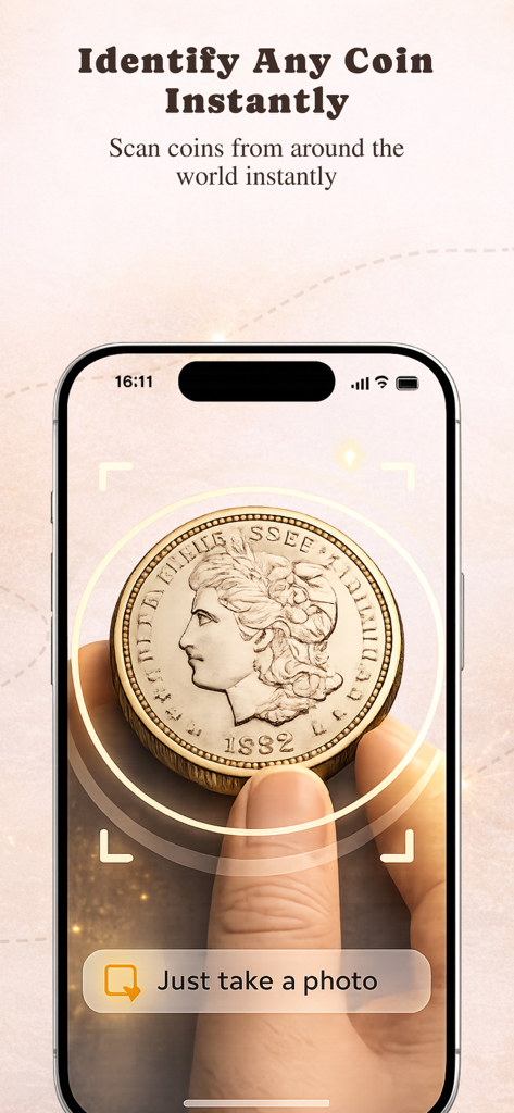 Coin Identifier: CoinScope - Bildschirm eines Smartphones, der den KI-Scan-Prozess einer alten Münze zur sofortigen Identifizierung und Bewertung zeigt.