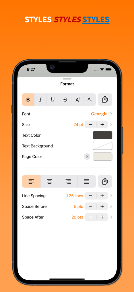 EZText - Text Editor - EZText mobile app interface showing rich text formatting and paragraph styling options