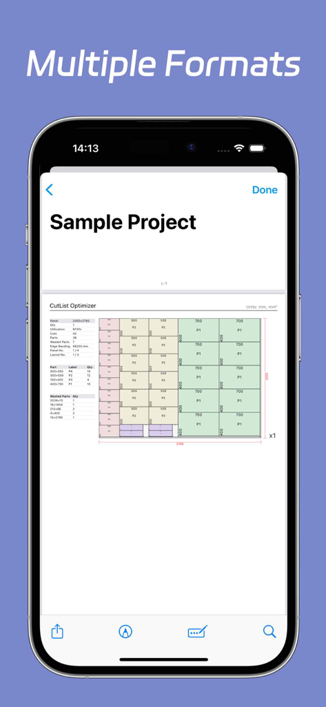 Layout de corte técnico e plano de otimização de material em um aplicativo móvel
