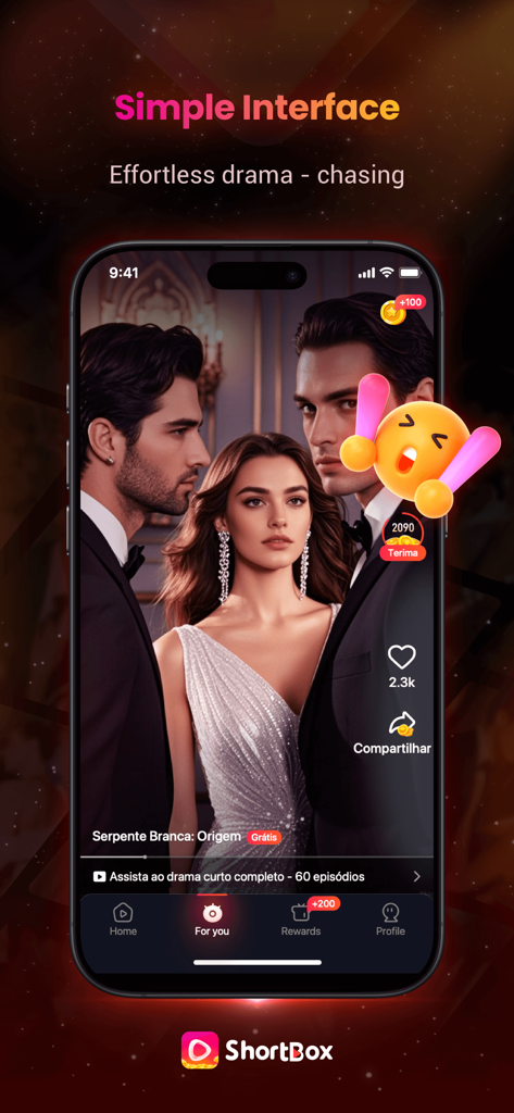 Un smartphone mostrando la interfaz de video vertical de la aplicación ShortBox con una escena dramática con actores e íconos de interacción social.