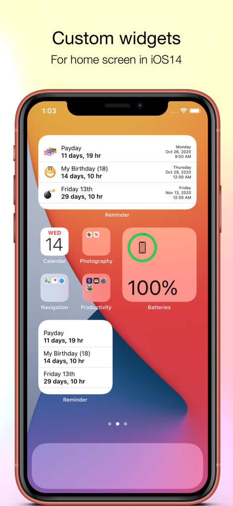 Reminder & Countdown Pro - iPhone home screen showing custom countdown and reminder widgets for upcoming events like birthdays and paydays