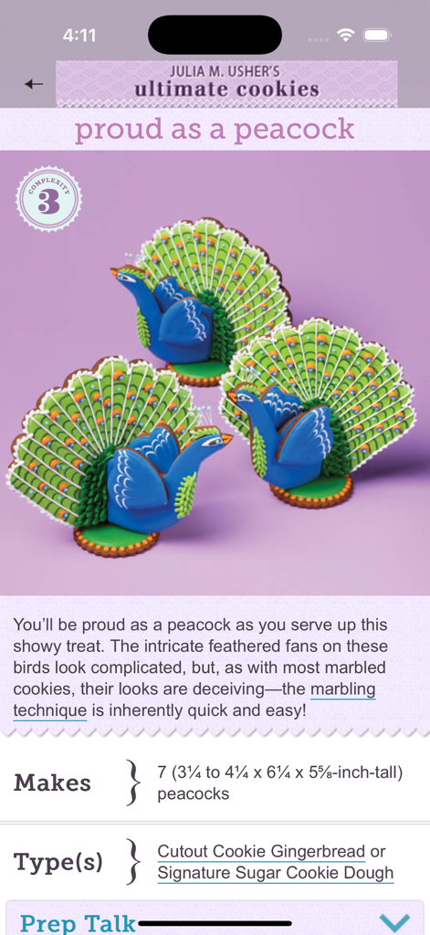 Step-by-step 3D peacock cookie decorating project in the Ultimate Cookies app