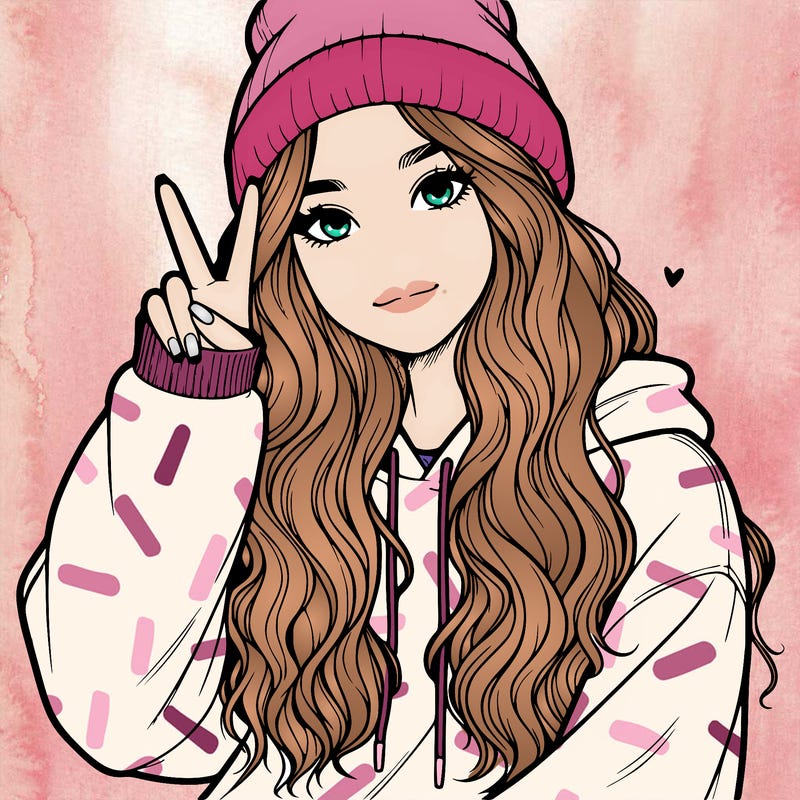 a teenage girl in a beanie, oversized sweatshirt, wavy long hair, and is showing a ✌️