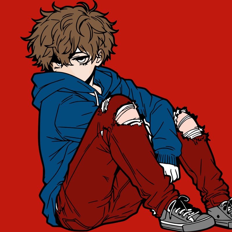 a male hoddie ripped jeans messy hair anime