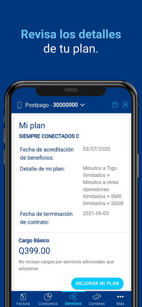 Tigo en Línea - Pantalla de la aplicación móvil Tigo en Línea mostrando los detalles del plan postpago y el costo mensual