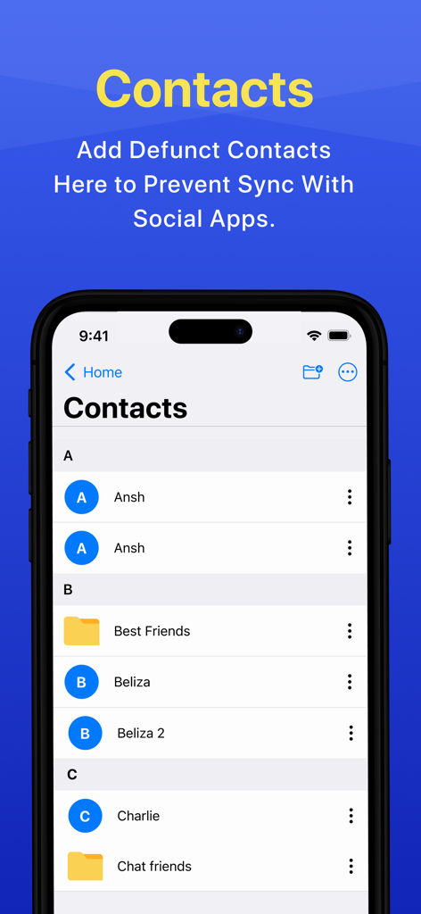 Photo Vault & App Lock Safedoc - Pantalla de la bóveda de contactos privados de SafeDoc que muestra una lista de contactos y carpetas para evitar la sincronización con redes sociales
