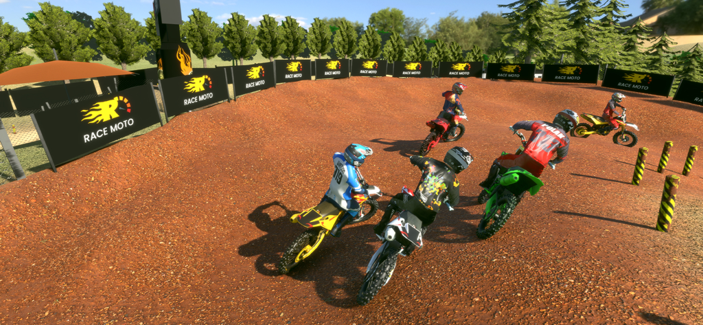 Multiple dirt bike riders competing on a 3D motocross track