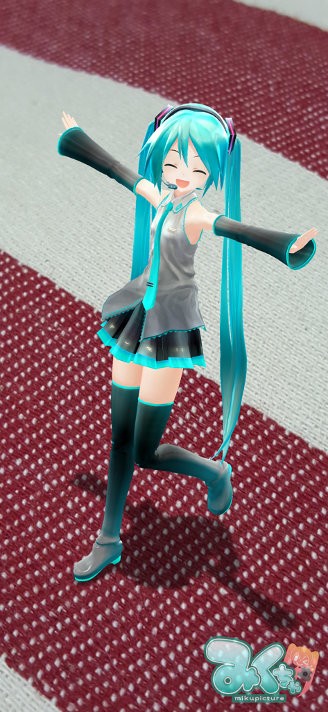 Hatsune Miku AR character in a joyful pose on a red and white striped surface