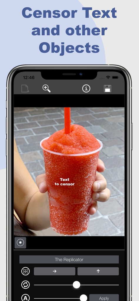 Replicator Tool - Clone Stamp - Interface do aplicativo Replicator Tool mostrando o recurso para censurar texto em uma foto de uma bebida vermelha (slushy)