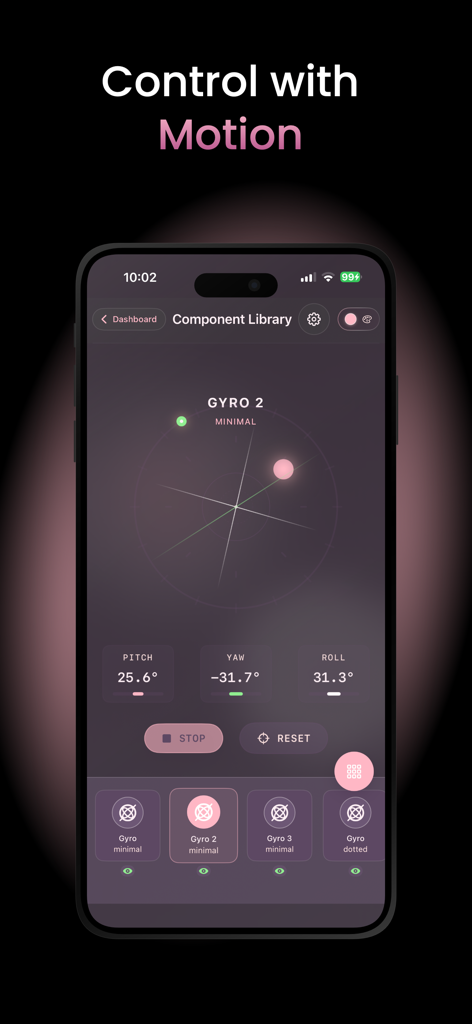 Tandem MIDI Canvas - Smartphone exibindo a interface de controle de movimento giroscópico do Tandem MIDI Canvas para mapeamento MIDI de pitch, yaw e roll