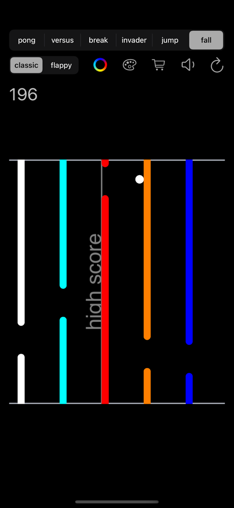Gameplay screenshot of the fall mode in the Ping Pong Watch Retro Game app featuring colorful vertical obstacles.