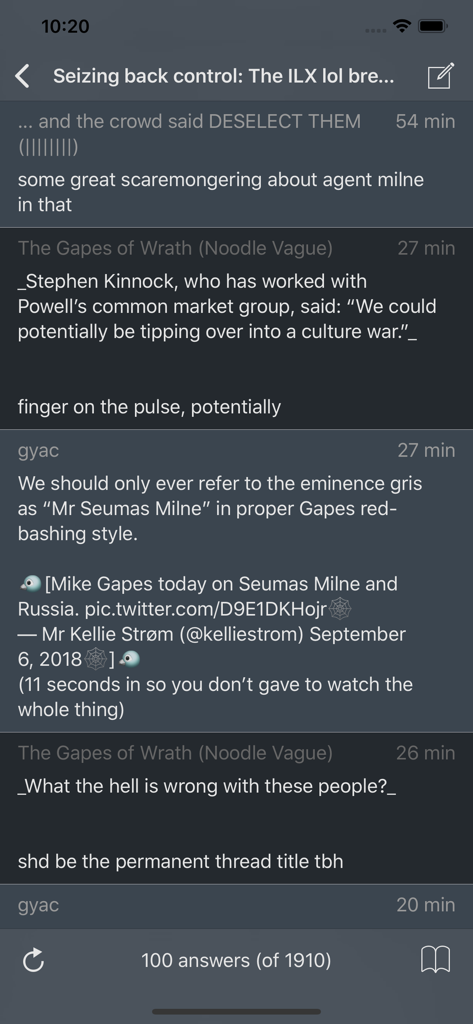 A screenshot of the Zing Touch app showing a dark mode interface of a forum discussion thread with text posts and usernames from the ilxor.com community.