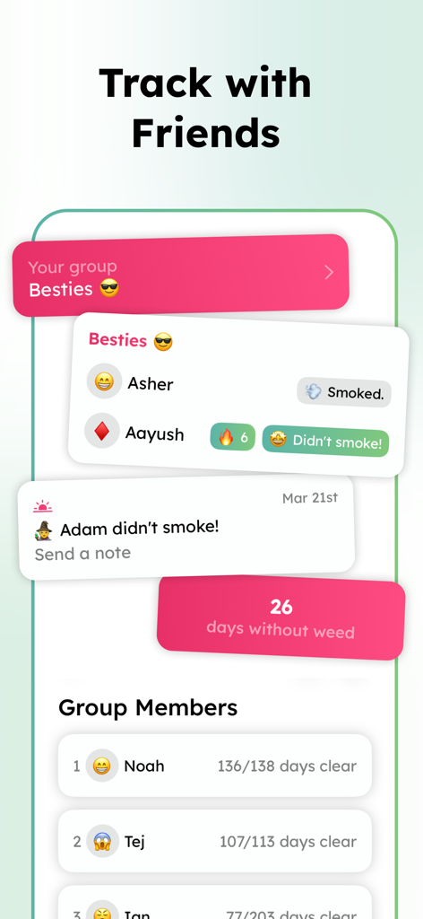 Clear30: Quit Smoking Weed - Mobile app interface showing friends tracking their progress and days without weed in a group.