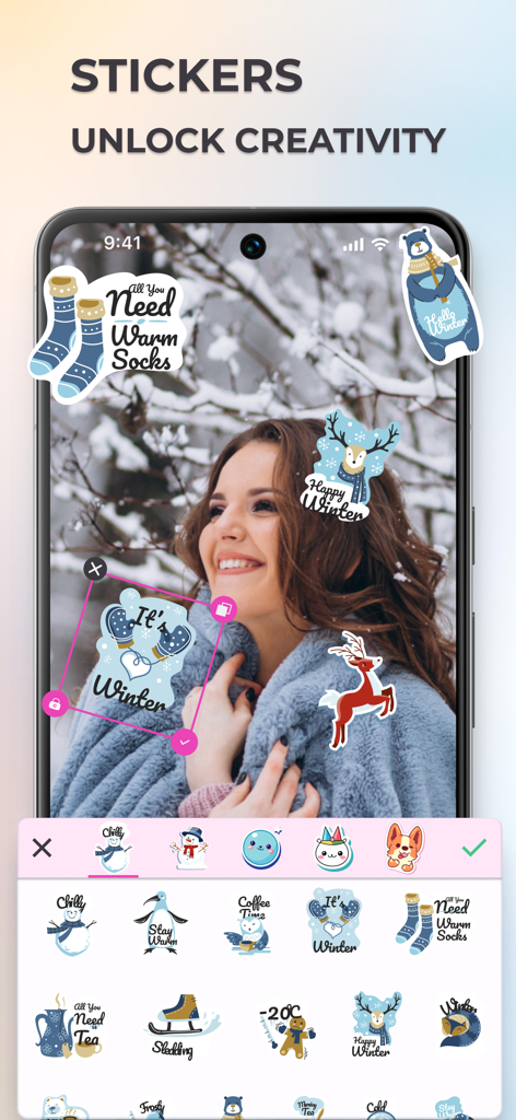 Grid Photo Maker - Pic Collage - Una pantalla de la aplicación móvil que muestra pegatinas de invierno que se añaden a la foto de una mujer