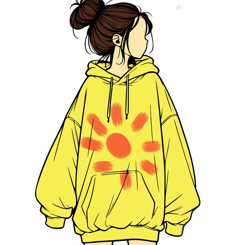 realistic girl with a oversized sweatshirt on and a bun