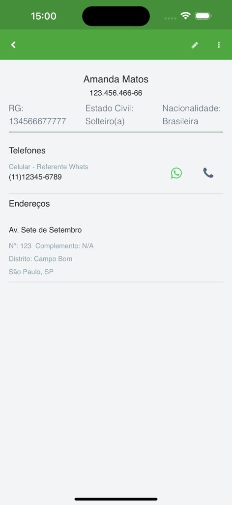 Interface do aplicativo Gerador Contratos mostrando um perfil de cliente com detalhes pessoais e informações de contato.