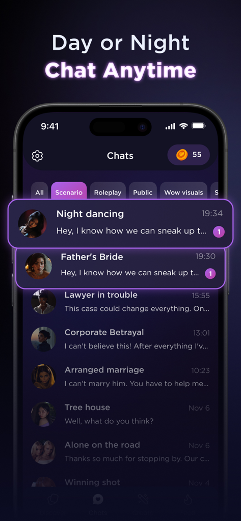 Lovevo: AI Roleplay Platform - Una interfaz móvil de Lovevo que muestra una lista de escenarios de chat de roleplay con IA, incluyendo 'Baile Nocturno' y 'Abogado en Problemas'.