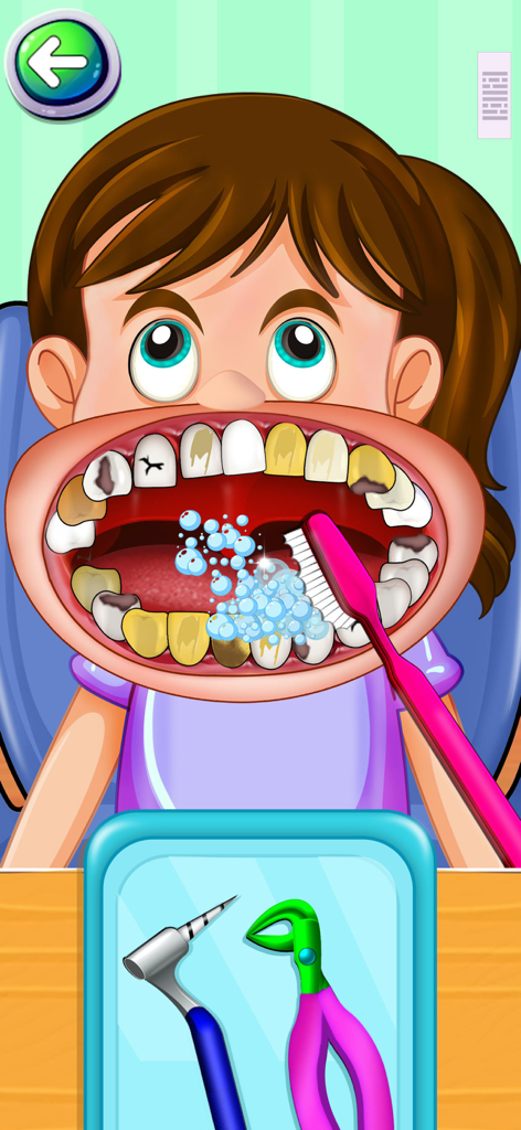 A cartoon girl having her teeth brushed with bubbles and a pink toothbrush in a dentist surgery simulator game.