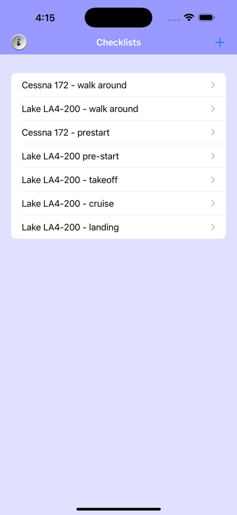 Pilot Checklist - Interface of the Pilot Checklist app showing a list of flight checklists for Cessna and Lake LA4 aircraft models.