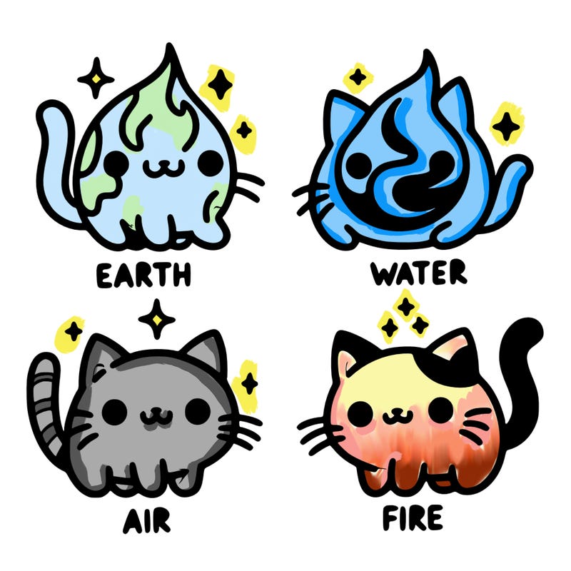 4 cats that represent the different elements, earth, water, air, and fire