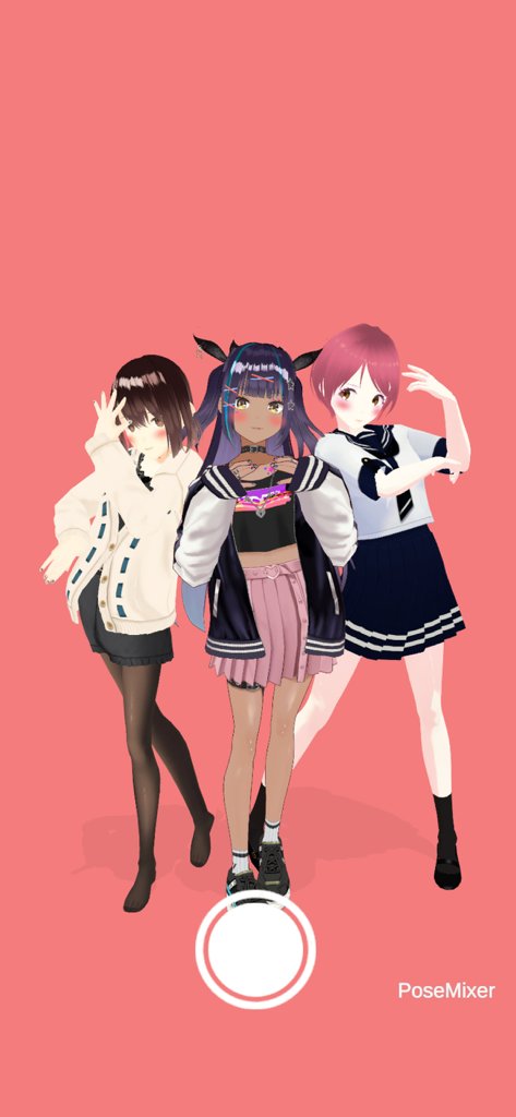 Pose Mixer AR - Tres personajes anime 3D posando juntas sobre un fondo rosa