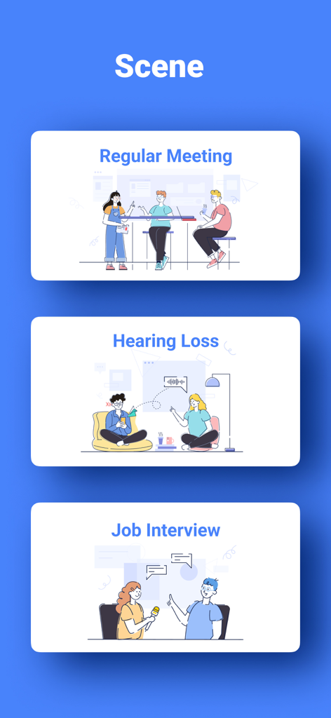 Three illustrations showing Notta app usage scenarios for regular meetings hearing loss support and job interviews