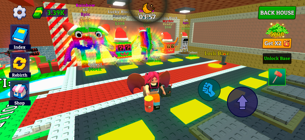 Steal all and Catch Animal - Un personaggio del giocatore in una base 3D circondato da colorati animali domestici a blocchi su piedistalli da collezione.