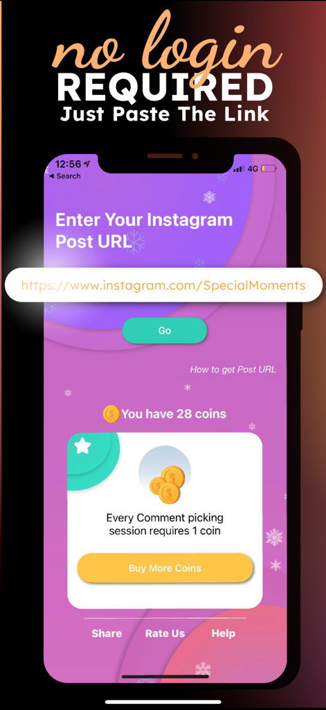 Interface of the Instagram Comment Picker app showing the URL input field for giveaways with a no login required message.