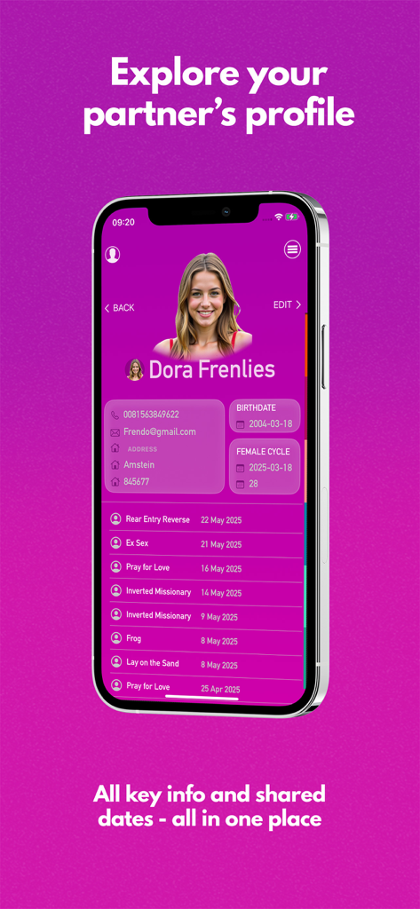 Interface showing a partner profile with a list of past sex positions and dates in the SexOrganizer app.