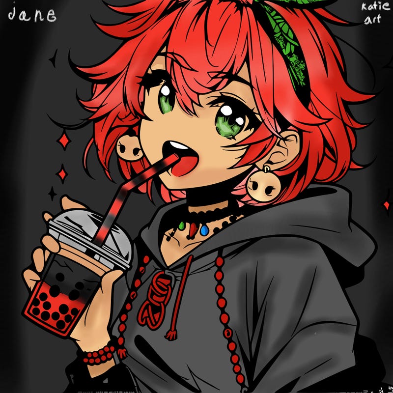 hot baddie anime girl drinking boba and biting the straw