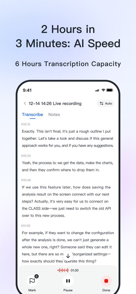 Tinrec Transcribe Voice Notes - Pantalla de un smartphone de la aplicación Tinrec que muestra la transcripción de notas de voz por IA en tiempo real.