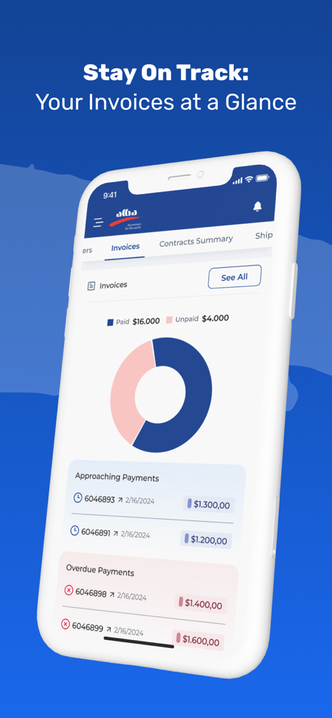 Alba Customer Portal - Alba Kundenportal-App, die ein Dashboard mit bezahlten und unbezahlten Rechnungen mit anstehenden Zahlungswarnungen zeigt