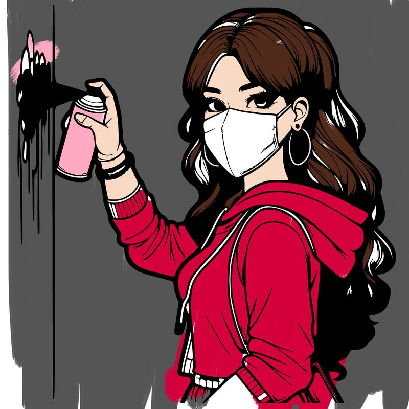 realistic girl with mask spray painting a wall