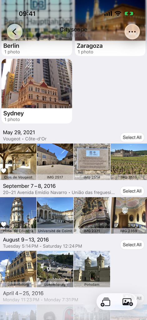 Piwigo - Application mobile Piwigo affichant des albums photo organisés et des images classées par date et par lieu