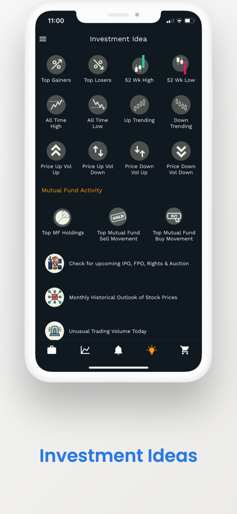npstocks, Your NEPSE Assistant - npstocks app screen displaying investment ideas and market scans for the Nepal Stock Exchange
