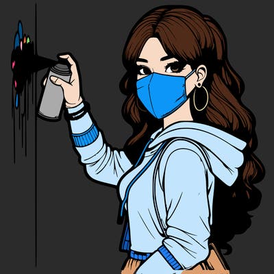 realistic girl with mask spray painting a wall