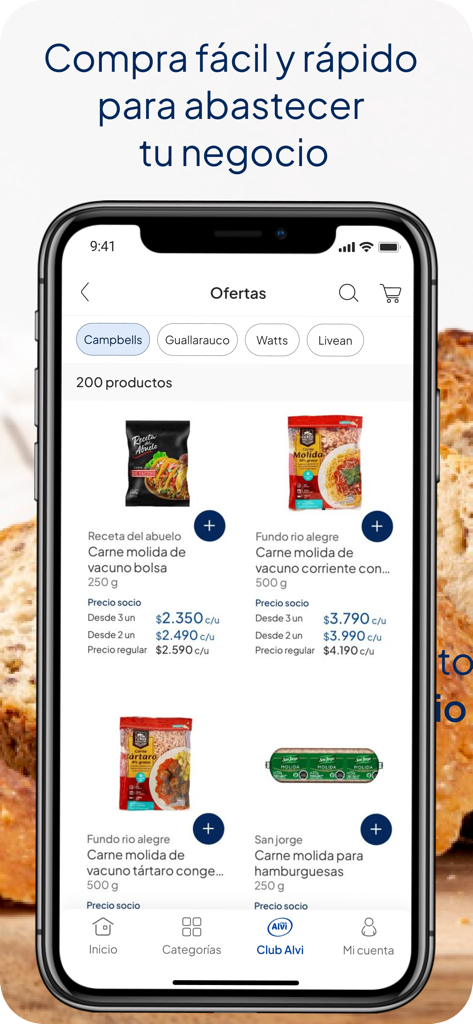 Club Alvi - Mobile screen of the Club Alvi app displaying wholesale grocery offers and member prices for small businesses.