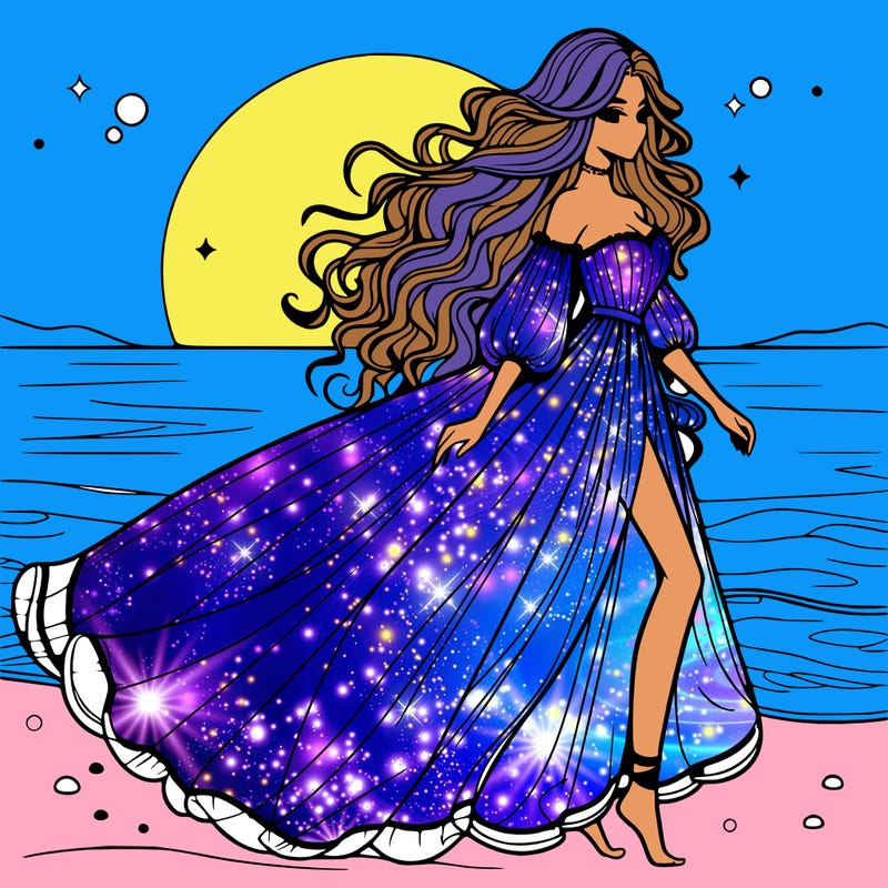 beautiful woman with a vaporous long dress walking on the beach at the noon, detailed art