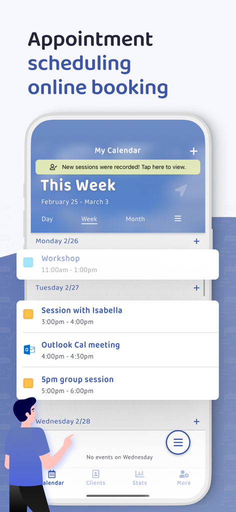 Mobile app calendar interface showing weekly client appointment scheduling and online booking.
