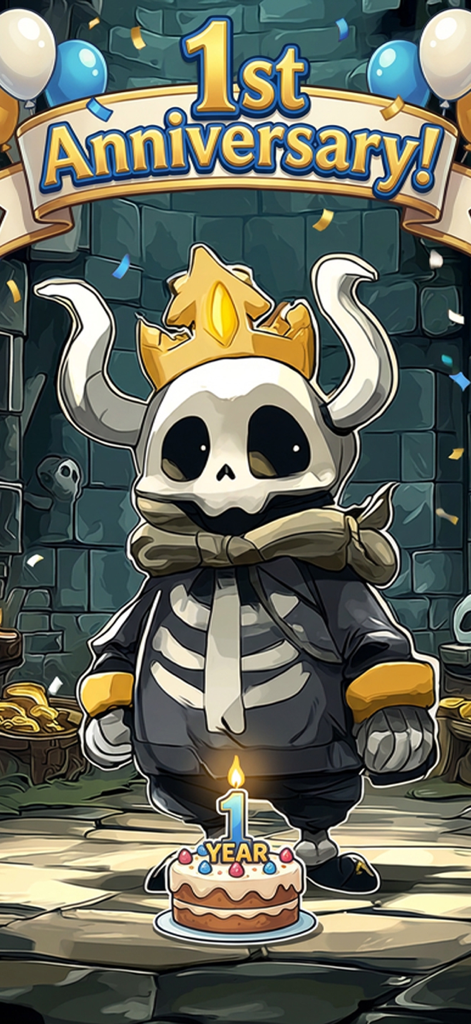 Idle Demon Tower: Monster RPG - Celebração de 1º aniversário de Idle Demon Tower Monster RPG com rei esqueleto e bolo de aniversário