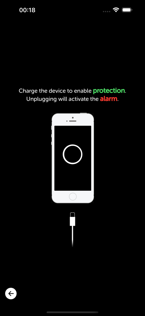 iAntiTheft - Pantalla del Modo Carga de iAntiTheft mostrando la activación de alarma para cable de carga desconectado