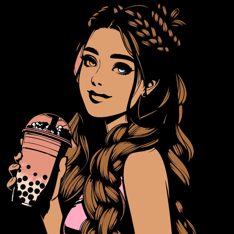 realistic girl holding a boba with braided hair
