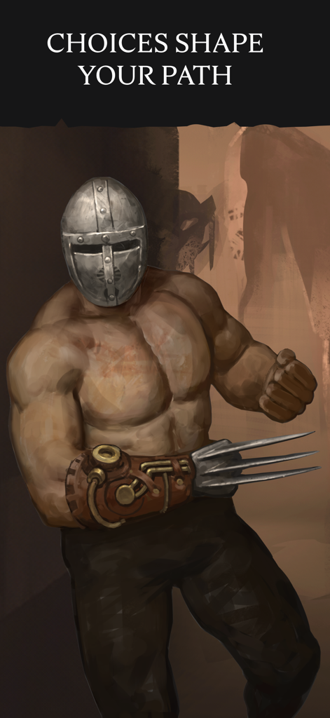 A muscular warrior with a metal helmet and bladed mechanical gauntlet in a dark fantasy setting