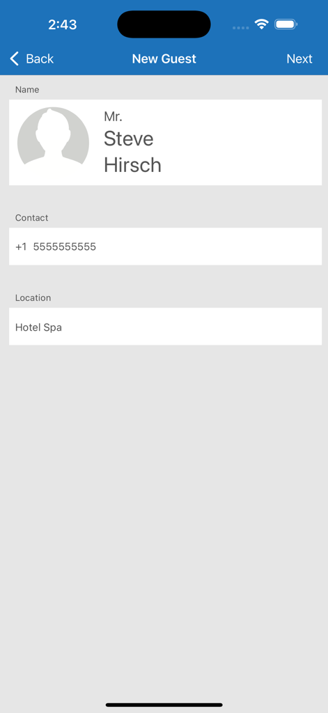Captura de tela do aplicativo móvel Kipsu mostrando a interface de Novo Hóspede com campos para nome, informações de contato e localização