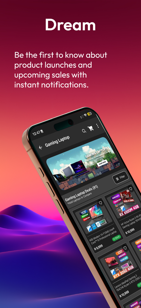 Evetech mobile app screen showcasing gaming laptop deals and instant notifications