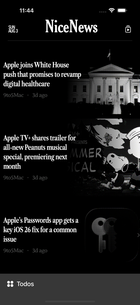 Oberfläche des NiceNews RSS-Feed-Readers, die eine Liste von Nachrichtenartikeln im Dark-Mode zeigt